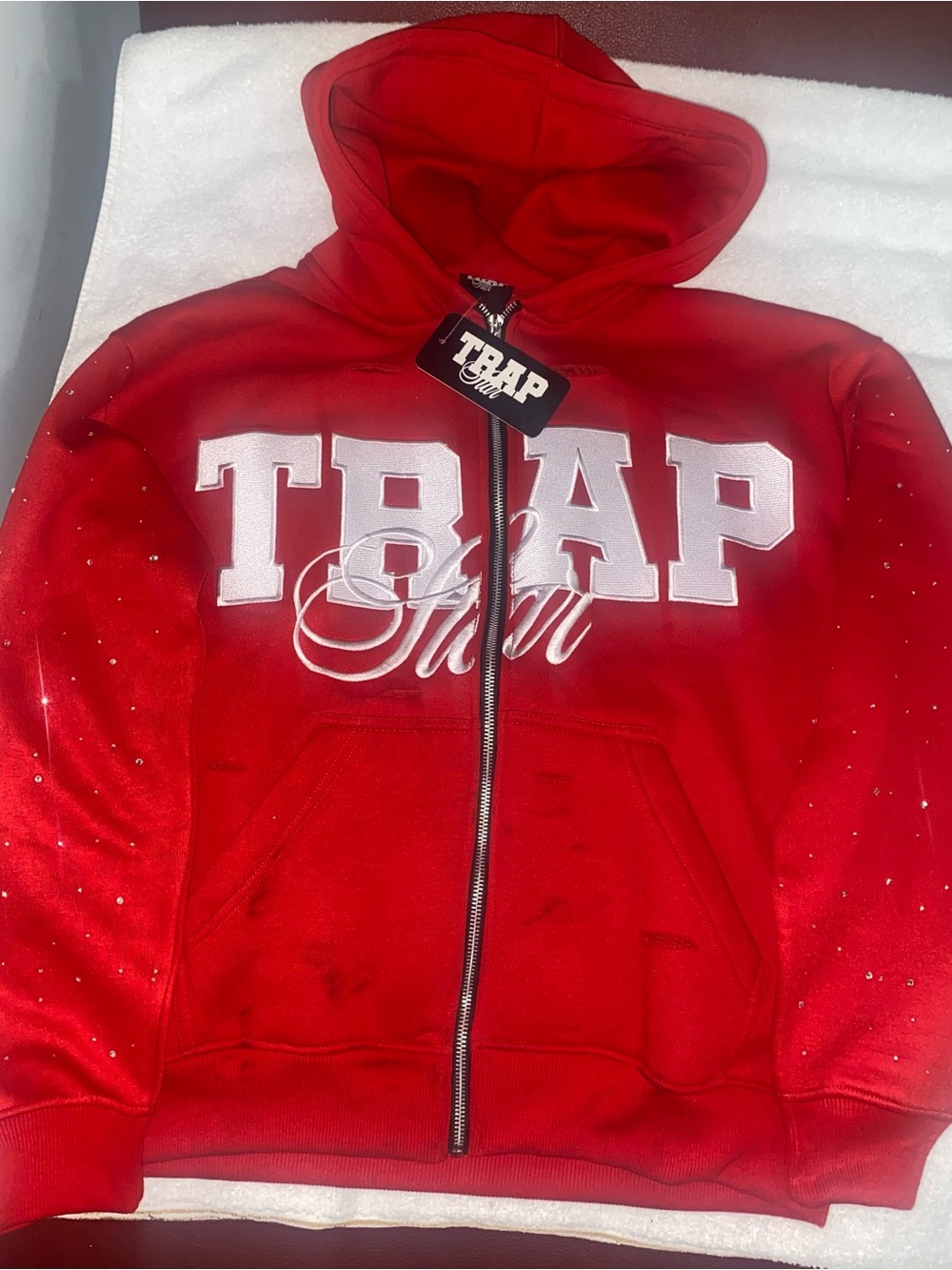 TRAP Kids Red Zip-Up Hoodie Jacket with Rhinestone Accents